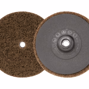 Two round brown sanding discs, one with a rough abrasive surface and a central hole, mounted on a reusable backing pad.