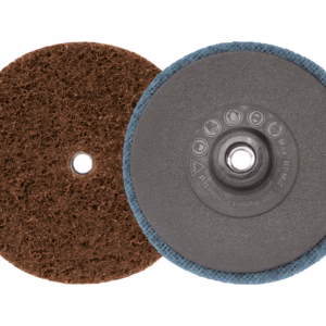 Two circular sanding discs overlapping: a brown abrasive disk and a blue-backed backing pad, used for orbital sanding and polishing