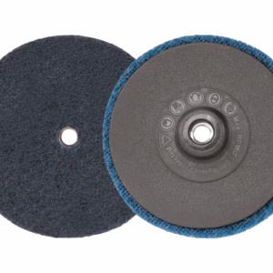 Two circular abrasive polishing discs, one with a blue underside, laid side by side on a white background, for polishing surfaces.