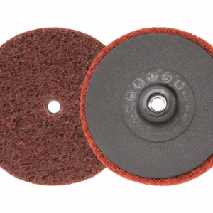 Pair of red abrasive discs with central hubs, used for grinding or polishing surfaces on a rotary tool.