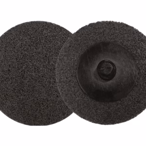 Two black abrasive sanding discs overlapping, showing rough porous surface and central mounting hole.
