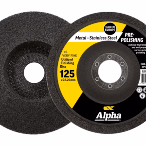 Two overlapping abrasive discs for metal finishing, one with a yellow and black label reading 125 x 22.23 mm, Alpha brand