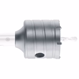 Metal drill chuck with a spiraled drill bit extending to the right, mounted on a white shaft (close-up).