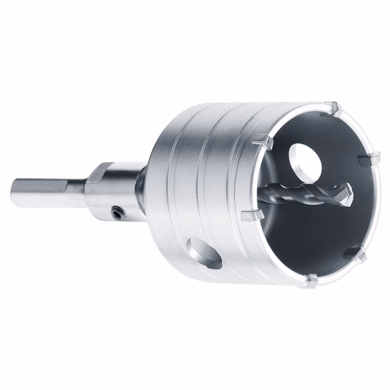 HCB90X50_2 - Alpha Tools Metal hole saw drill head with spiral drill bit inside, used to cut large circular holes (silver metal, hex shank)