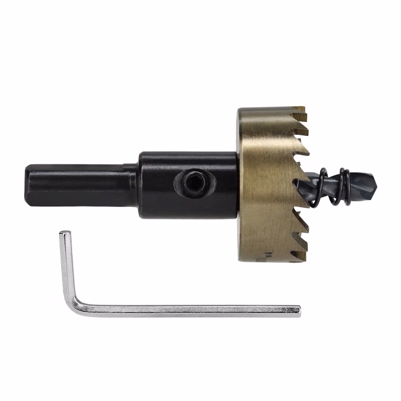 HCS28_2 - Alpha Tools Milling cutter assembly with a metallic round cutter attached to a black shank, a spiral drill bit extending from the side, and an L-shaped hex key nearby.