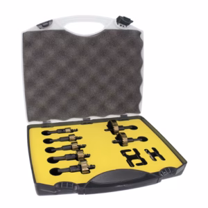 Open plastic case with yellow foam insert holding multiple drill bits and hole saw attachments, ready for use in a power drill