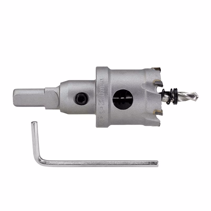 HCSTCT45_2 - Alpha Tools Metal drill bit adapter with a drill bit mounted, shown on a white background, accompanied by an L-shaped Allen wrench for tightening.