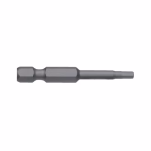 Long metal screwdriver bit with a hex-shaped head on the left and a tapered, slender tip on the right