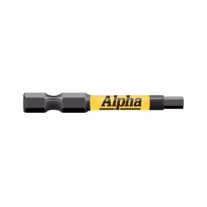 Alpha-branded precision screwdriver with interchangeable bit tips on a slim shaft