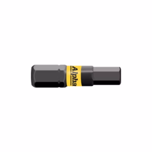 Marker pen with a yellow Alpha label lying horizontally on a white background, dark gray body and cap on both ends