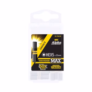 Ten-pack of Alpha Thunder Max HEX5 25mm impact bits in a clear plastic case; bold black/yellow label reads 50x life and extreme torsion.