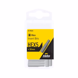 10-pack Alpha HEX5 insert bits (30 mm) in a white plastic case with yellow label and branding