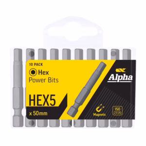 Ten-pack Hex power bits, HEX5, 50 mm, magnetic, Alpha brand package shown on yellow and black label with screwdriver bit image.
