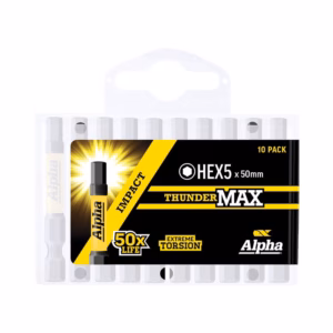 Ten-pack Alpha ThunderMAX Hex5 50mm hex bits in a plastic case (black and yellow packaging)
