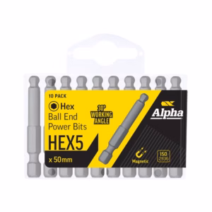 Hex ball-end power bits set: 10 pieces, 50 mm each, magnetic, Alpha brand packaging (Hex5).
