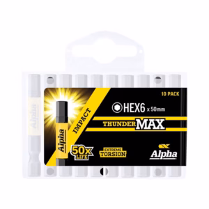Ten-pack of Alpha Thunder Max HEX6 50mm tool bits in a yellow-and-black case labeled 'Extreme Torsion' and '50x Life'.