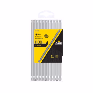 Ten HEX6 ball-end power bits, 150 mm each, in yellow-and-black Alpha packaging