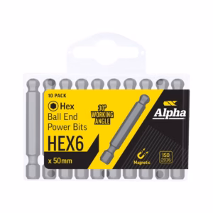 Ten-pack of 50mm HEX6 ball-end power bits in yellow-and-black Alpha packaging.