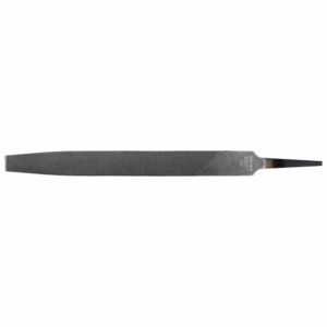 Long diamond-pattern metal file with textured surface and tapered tang, used for fine shaping and smoothing of metal or wood surfaces.