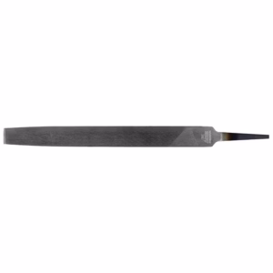 Long metal hand file with a dark tapered tip on the right end over a flat body