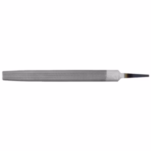 Long metal file with a knurled handle and a slim, tapered filing blade at the tip used for shaping metal or wood