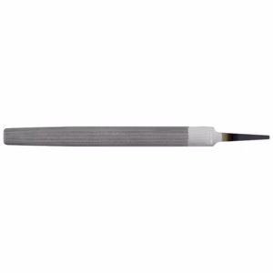 Long flat palette knife with a gray textured handle and a narrow tapered blade used for painting.