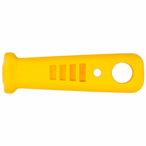 Yellow plastic handheld tool with a large circular hole at one end and three rectangular slots along the body.