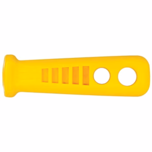 Yellow plastic handheld tool with two circular holes at one end and five rectangular slots along the body, likely a grip or spacer tool.