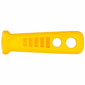 Yellow plastic handle-like tool with two large holes and several vertical slots; appears to be a grip or spacer accessory.