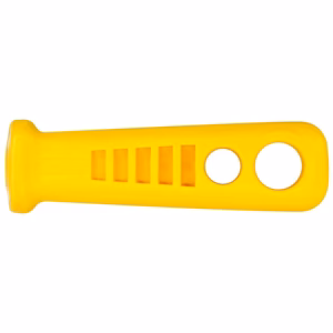 Yellow plastic handheld tool with five rectangular finger slots and two circular holes at the end.