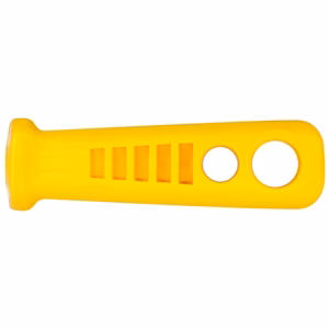 Bright yellow plastic handheld tool with two circular holes on one end and several rectangular slots along its length, likely a kitchen grip or opening aid.
