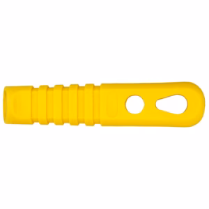 Yellow plastic hand tool with a ribbed grip and two holes in the end, likely a small pry or scraping tool.