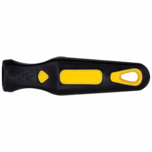 Ergonomic black and yellow handheld tool with a hanging loop on the end (likely a screwdriver or scraper).