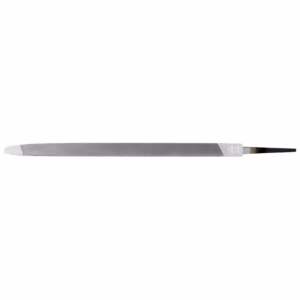 Long metal nail file with a rough abrasive surface, white tapered end on the left and a dark handle on the right.