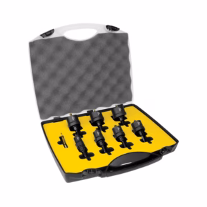 Hard-shell carrying case opened to reveal a yellow foam insert holding eight black precision tools or adapters arranged in two rows.