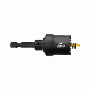 Black Alpha-brand drill bit attachment with hex shank and gold cutting tip, shown in side view.