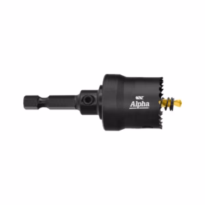 Black Alpha-brand drill chuck attachment with a gold drill bit extended from the jaws, viewed in profile against a white background