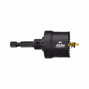 Alpha-branded drill chuck adapter with hex shank for holding drill bits.