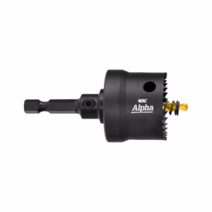Black Alpha brand drill chuck adapter with hex shank and a gold cutting bit extending from a toothed outer ring, on a white background