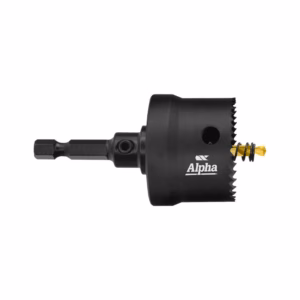 Hole saw drill accessory with hex shank and mounting screw, labeled 'Alpha', used to cut large circular holes.