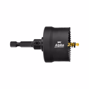 Hole saw cutter with arbor, Alpha logo, serrated rim, and gold pilot bit attached.