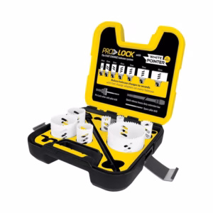Open yellow and black case housing a Pro Lock hole saw kit with multiple white hole saws and accessories inside
