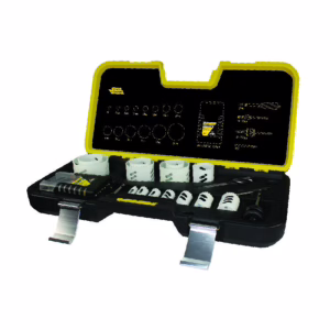 Open yellow-and-black tool kit showing assorted drill bits and sockets organized in slots in the case.