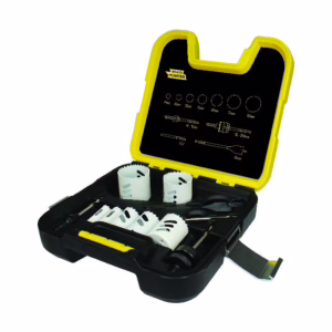 Compact yellow and black drill-bit hole saw kit in an open case, with multiple circular saws and drill bits visible inside.