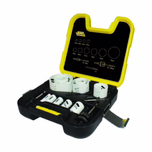 Yellow-and-black carrying case opened to reveal a hole saw kit with multiple circular saw bits and mandrels for drilling.