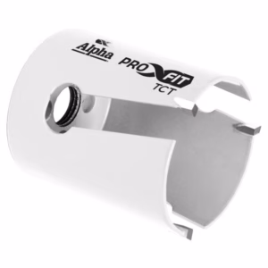 White cylindrical plastic tool housing branded 'Alpha Pro Fit TCT', with visible metal sleeve and internal notches/cutouts.