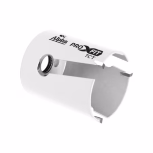 White cylindrical plastic device with an internal bore and side cutouts, branded 'Alpha Pro Fit TCT'