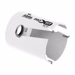 Close-up of a white Alpha ProFit TCT tool attachment with a metal pin and inner opening, shown at an angled view.