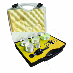 Open portable tool case with yellow foam interior, holding several metal circular ring mounts and small hand tools.