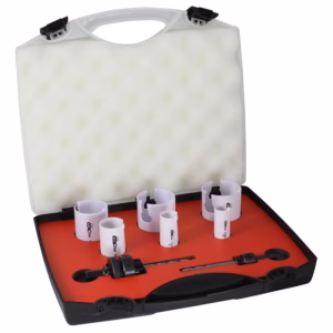 Open case with red insert housing white tube-size collars and a black measuring bar/screw tool provided in a compact kit.